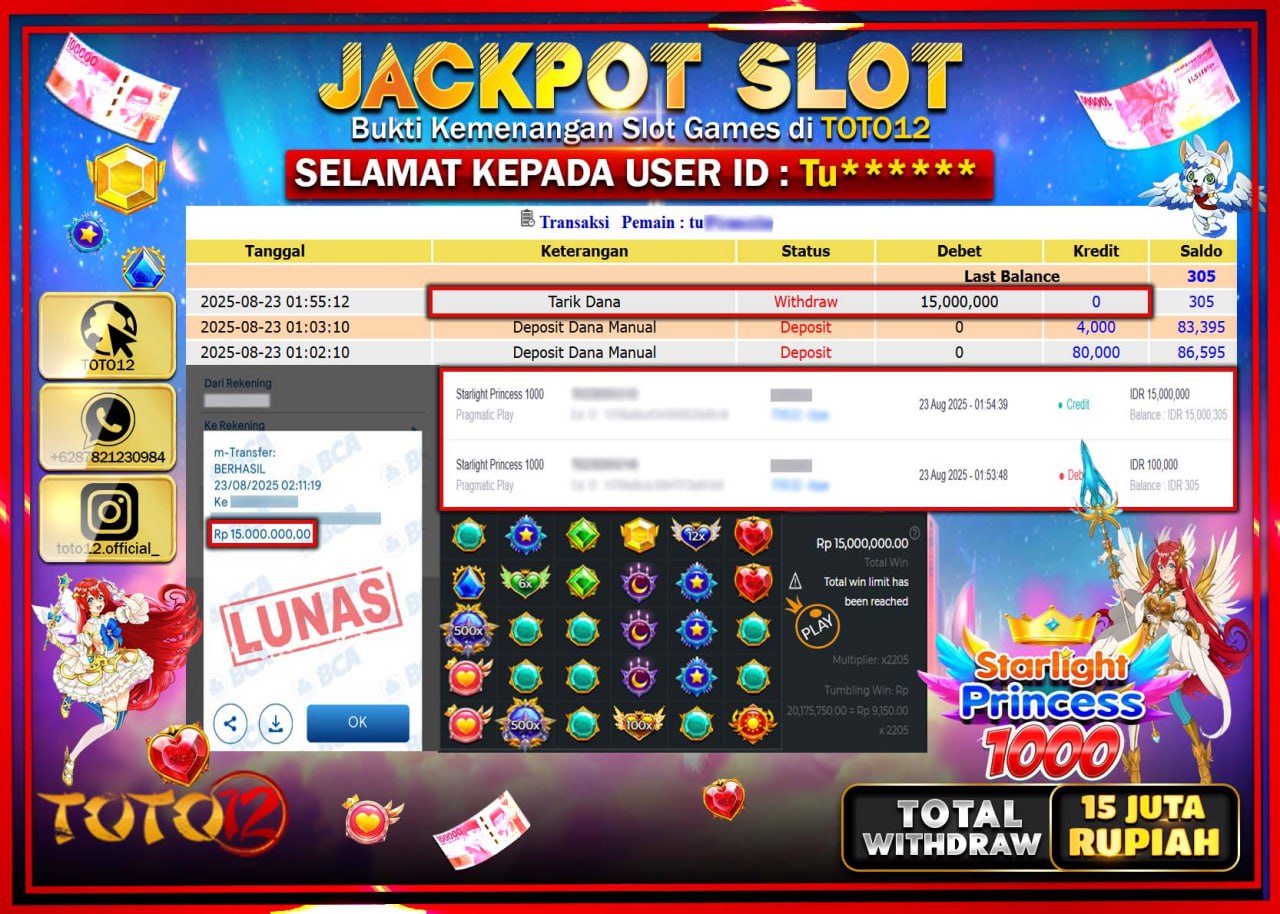 HANYA DI TOTO12 JP PASTI DI BAYAR LUNAS DAN CEPAT!!!!!! JACKPOT SLOT GAME (STARLIGHT PRINCESS 1000) Rp.15.000.000 !!!!