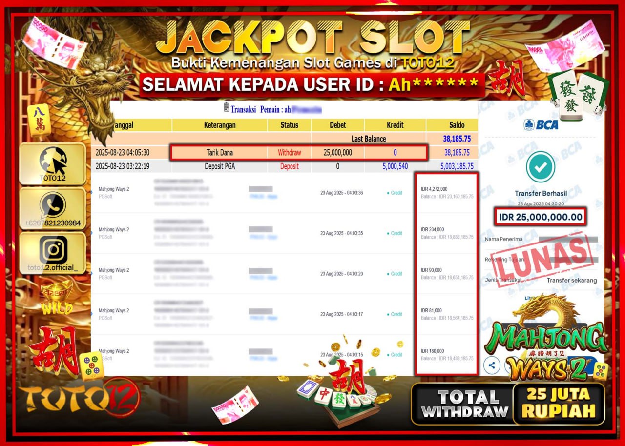 HANYA DI TOTO12 JP PASTI DI BAYAR LUNAS DAN CEPAT!!!!!! JACKPOT SLOT GAME (MAHJONG WAYS 2) Rp.25.000.000 !!!!