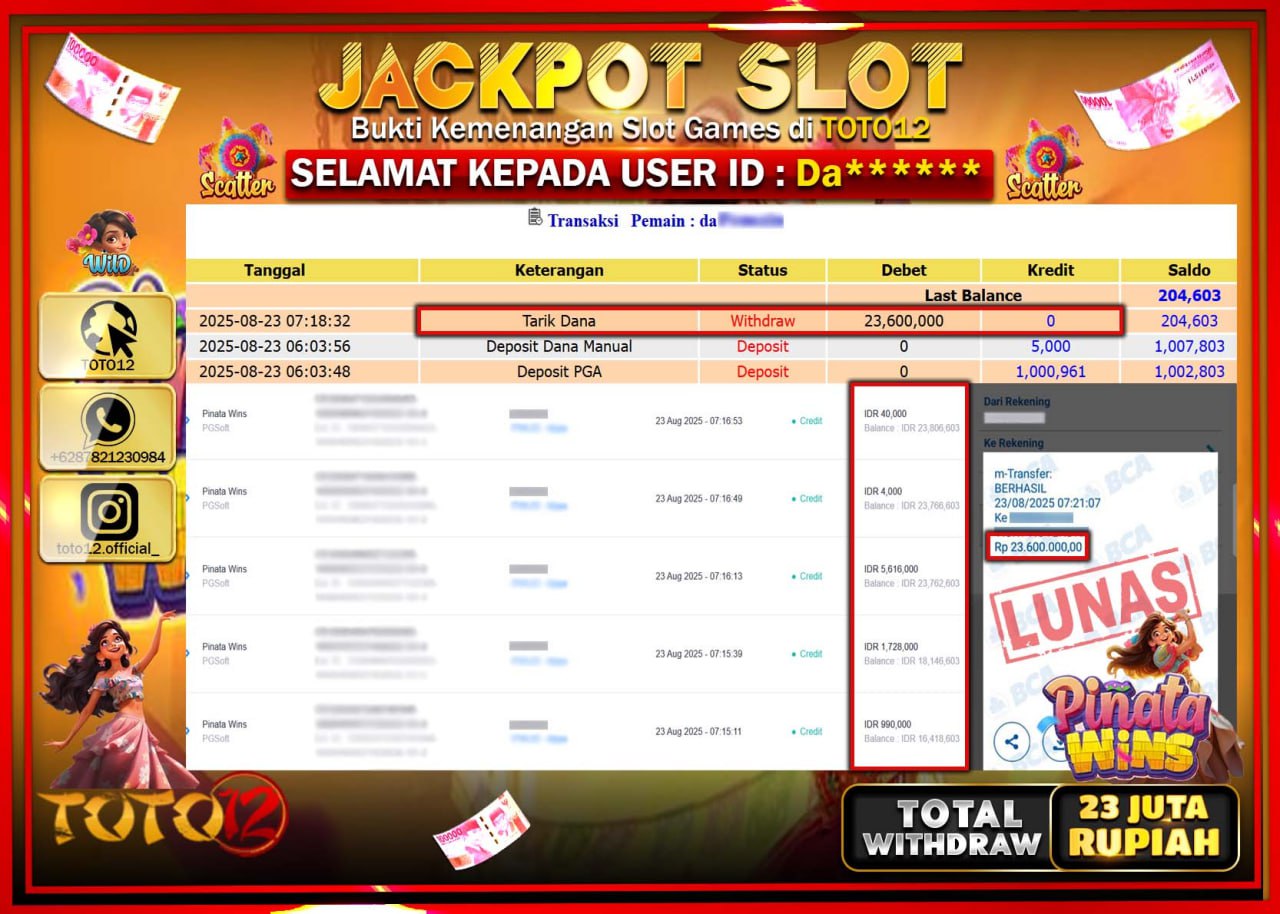 HANYA DI TOTO12 JP PASTI DI BAYAR LUNAS DAN CEPAT!!!!!! JACKPOT SLOT GAME (PINATA WINS) Rp.23.600.000 !!!!