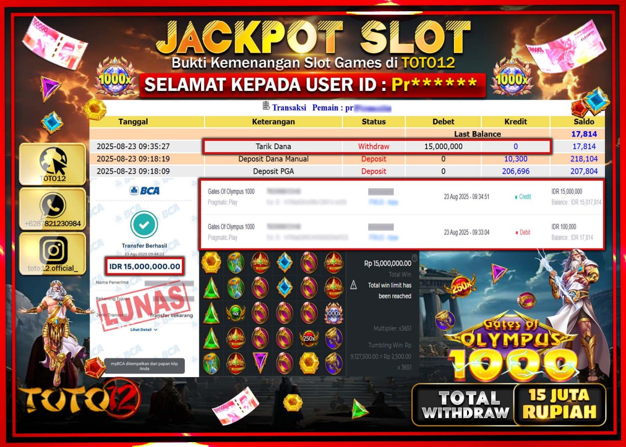 HANYA DI TOTO12 JP PASTI DI BAYAR LUNAS DAN CEPAT!!!!!! JACKPOT SLOT GAME (GATES OF OLYMPUS 1000) Rp.15.000.000 !!!!