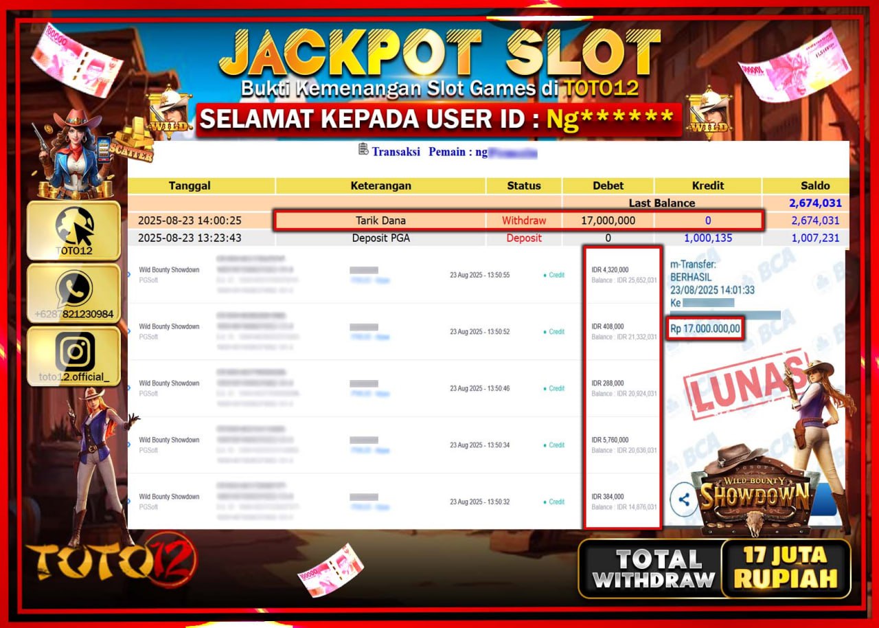HANYA DI TOTO12 JP PASTI DI BAYAR LUNAS DAN CEPAT!!!!!! JACKPOT SLOT GAME (WILD BOUNTY SHOWDOWN) Rp.17.000.000 !!!!