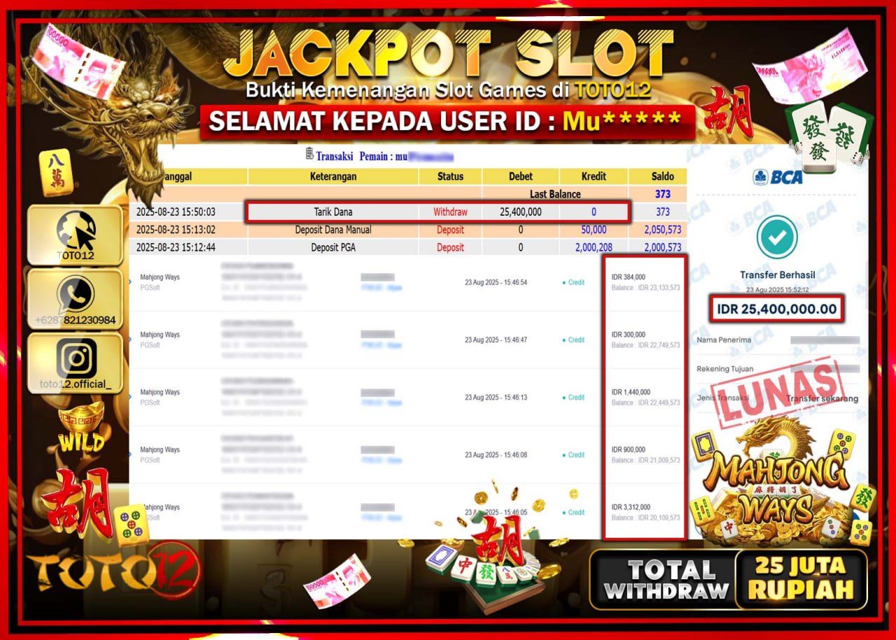HANYA DI TOTO12 JP PASTI DI BAYAR LUNAS DAN CEPAT!!!!!! JACKPOT SLOT GAME (MAHJONG WAYS) Rp.25.400.000 !!!!