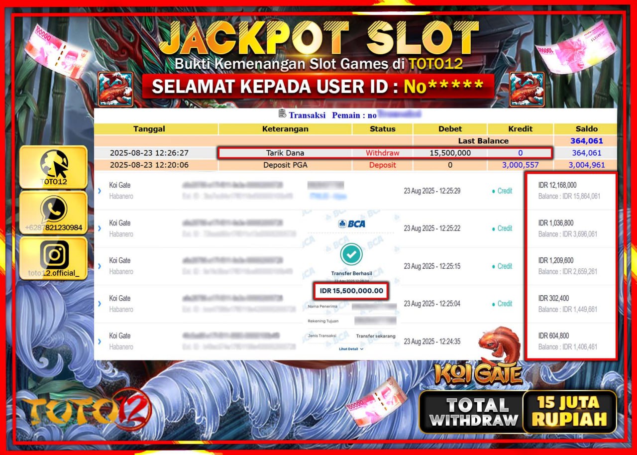 HANYA DI TOTO12 JP PASTI DI BAYAR LUNAS DAN CEPAT!!!!!! JACKPOT SLOT GAME (KOI GATE) Rp.15.500.000 !!!!