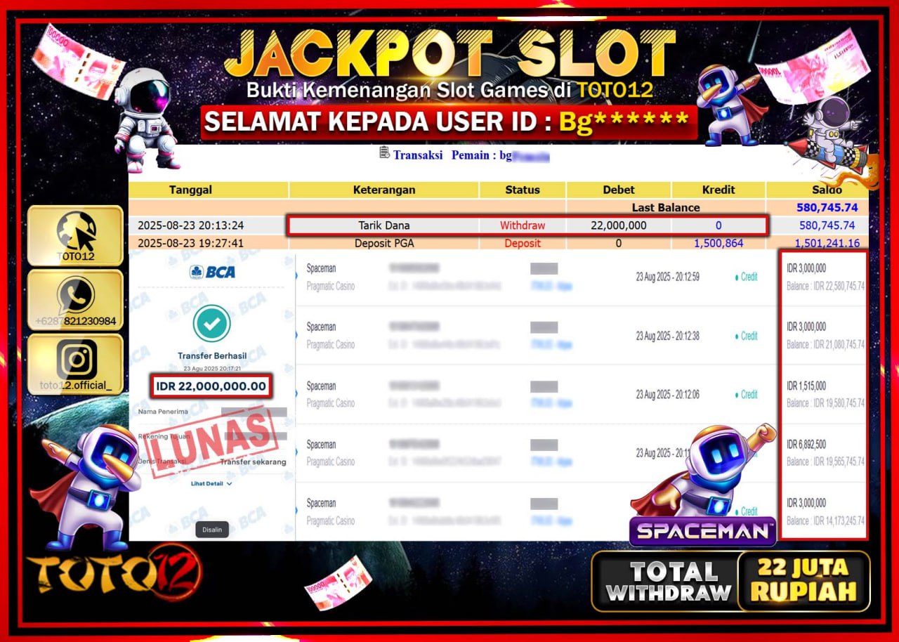 HANYA DI TOTO12 JP PASTI DI BAYAR LUNAS DAN CEPAT!!!!!! JACKPOT SLOT GAME (SPACEMAN) Rp.22.000.000 !!!!