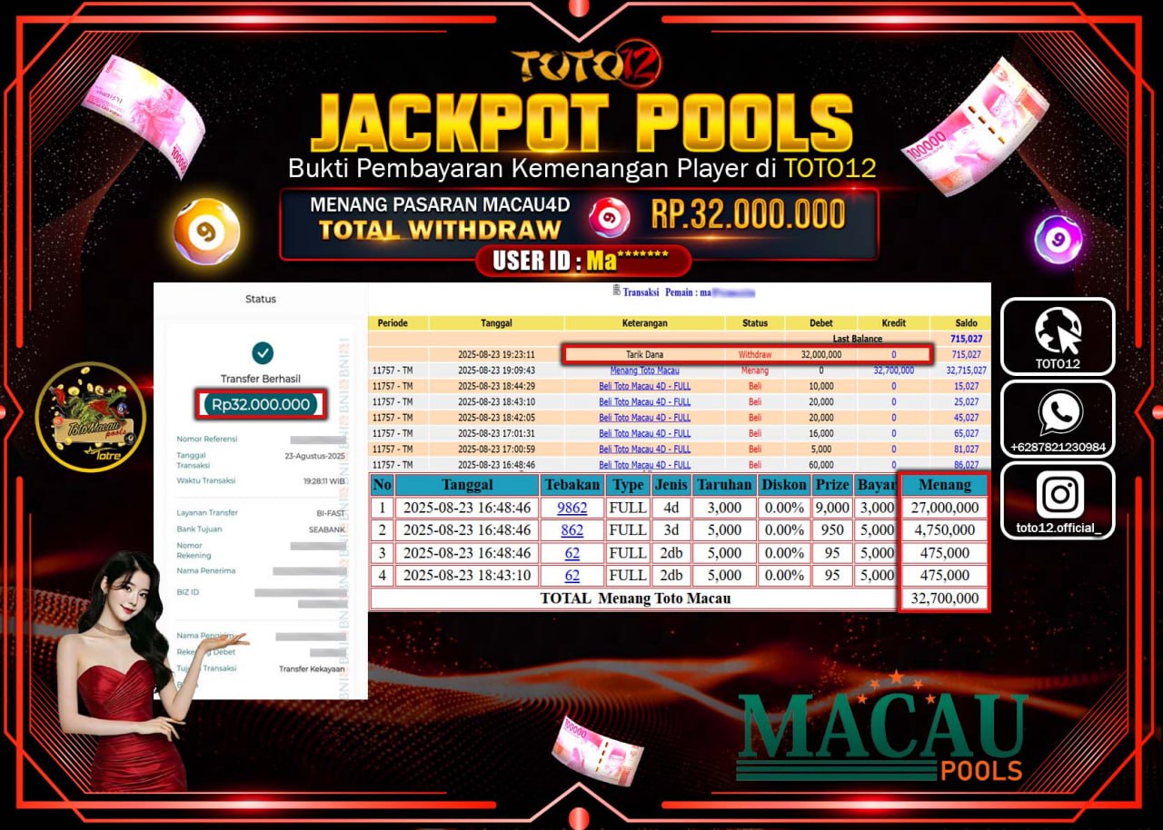 HANYA DI TOTO12 JP PASTI DI BAYAR LUNAS DAN CEPAT!!!!!! JACKPOT POOLS PASARAN (MACAU 4D) Rp.32.000.000 !!!!