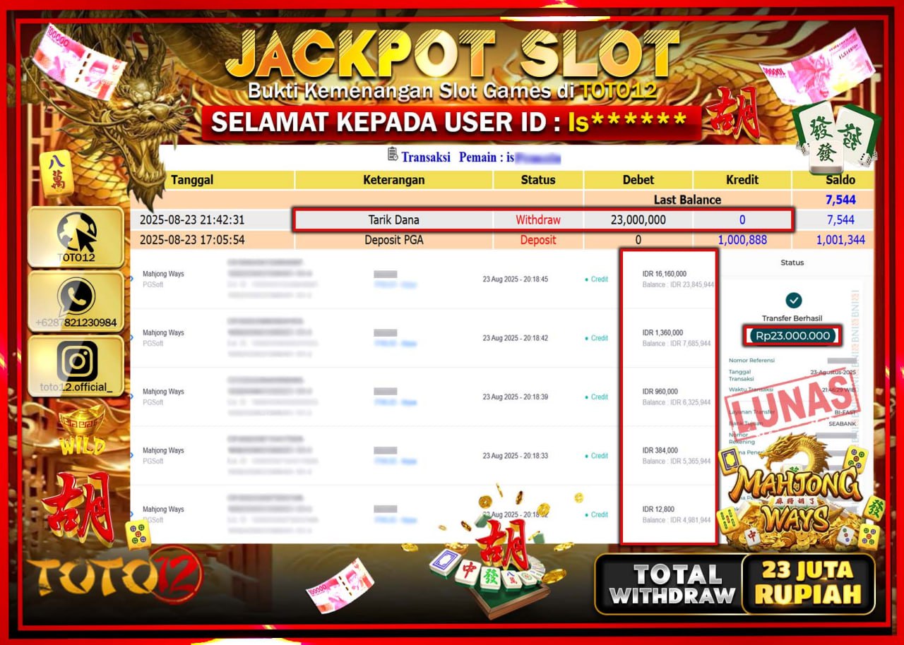 HANYA DI TOTO12 JP PASTI DI BAYAR LUNAS DAN CEPAT!!!!!! JACKPOT SLOT GAME (MAHJONG WAYS) Rp.23.000.000 !!!!