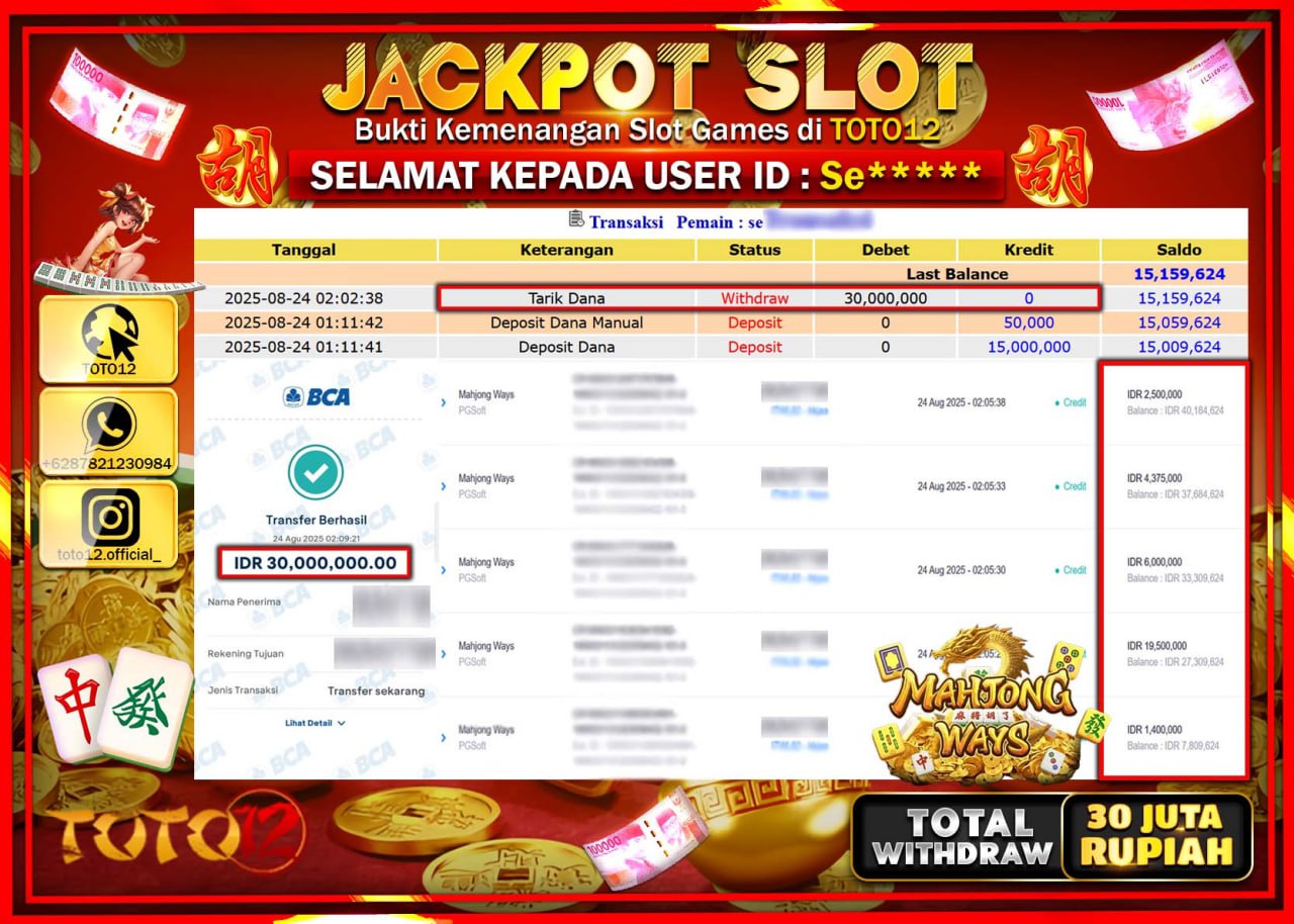 HANYA DI TOTO12 JP PASTI DI BAYAR LUNAS DAN CEPAT!!!!!! JACKPOT SLOT GAME (MAHJONG WAYS) Rp.30.000.000 !!!!