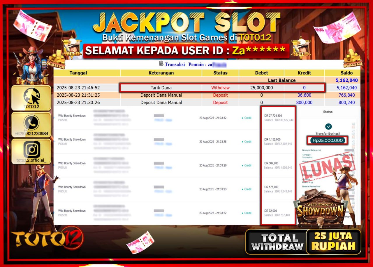 HANYA DI TOTO12 JP PASTI DI BAYAR LUNAS DAN CEPAT!!!!!! JACKPOT SLOT GAME (WILD BOUNTY SHOWDOWN) Rp.25.000.000 !!!!