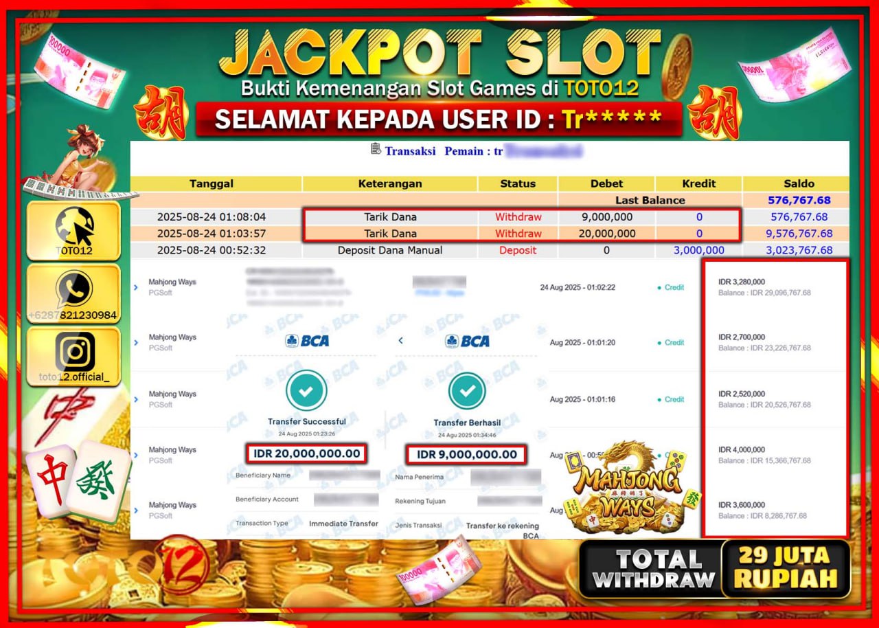 HANYA DI TOTO12 JP PASTI DI BAYAR LUNAS DAN CEPAT!!!!!! JACKPOT SLOT GAME (MAHJONG WAYS) Rp.29.000.000 !!!!