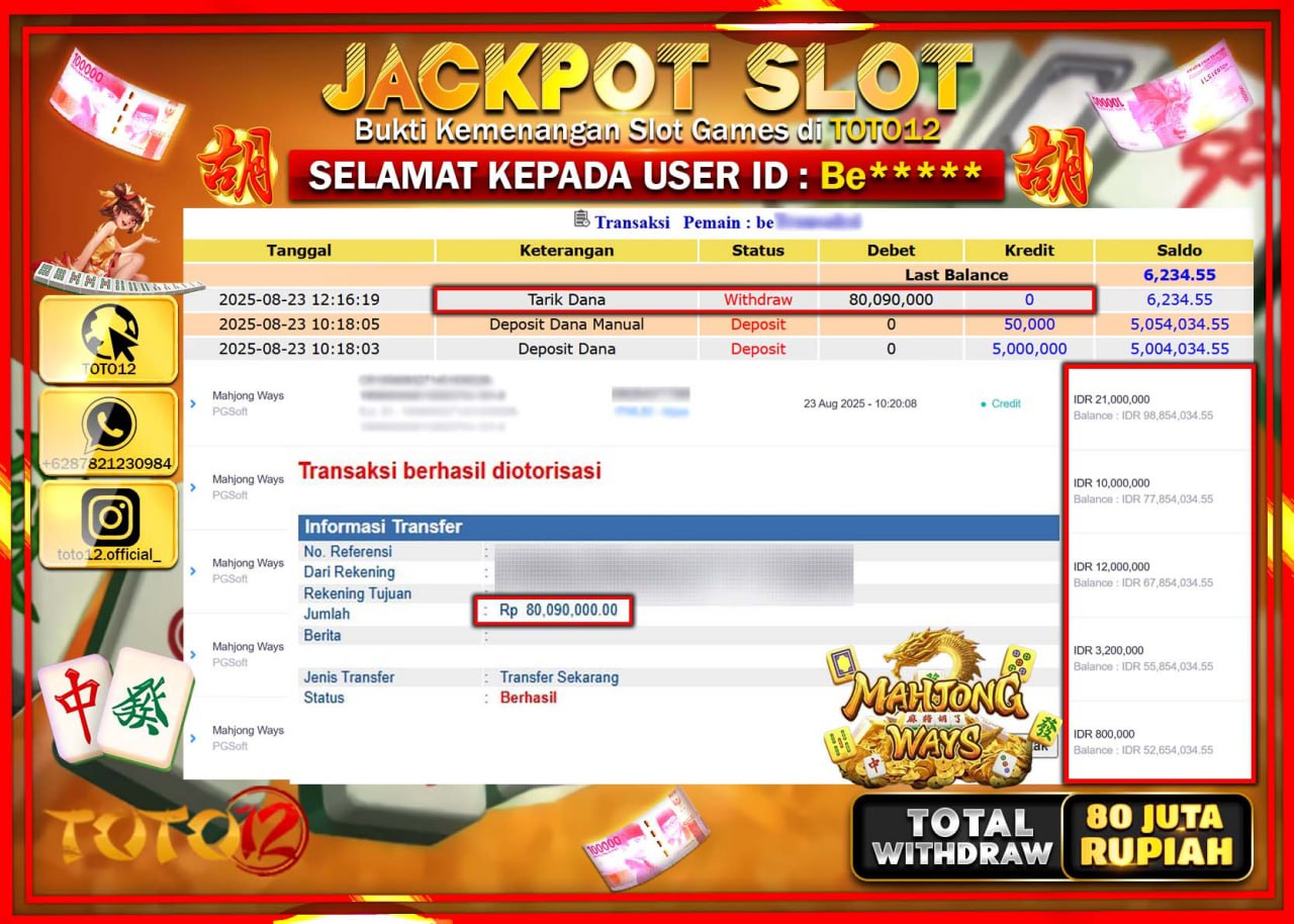 HANYA DI TOTO12 JP PASTI DI BAYAR LUNAS DAN CEPAT!!!!!! JACKPOT SLOT GAME (MAHJONG WAYS) Rp.80.090.000 !!!!