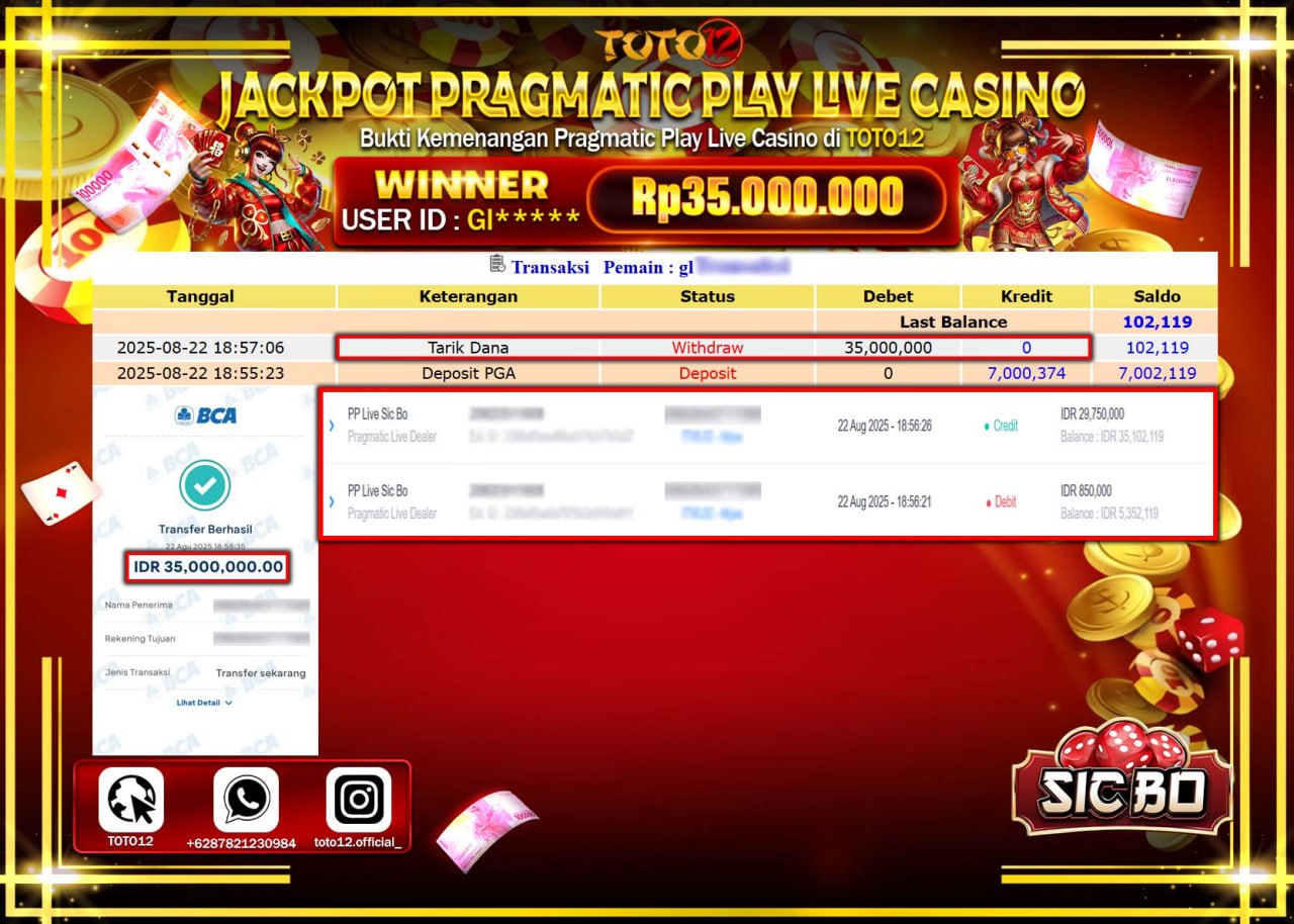 HANYA DI TOTO12 JP PASTI DI BAYAR LUNAS DAN CEPAT!!!!!! JACKPOT PRAGMATIC PLAY LIVE CASINO (SICBO) Rp.35.000.000 !!!!