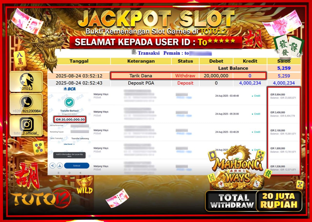 HANYA DI TOTO12 JP PASTI DI BAYAR LUNAS DAN CEPAT!!!!!! JACKPOT SLOT GAME (MAHJONG WAYS) Rp.20.000.000 !!!!