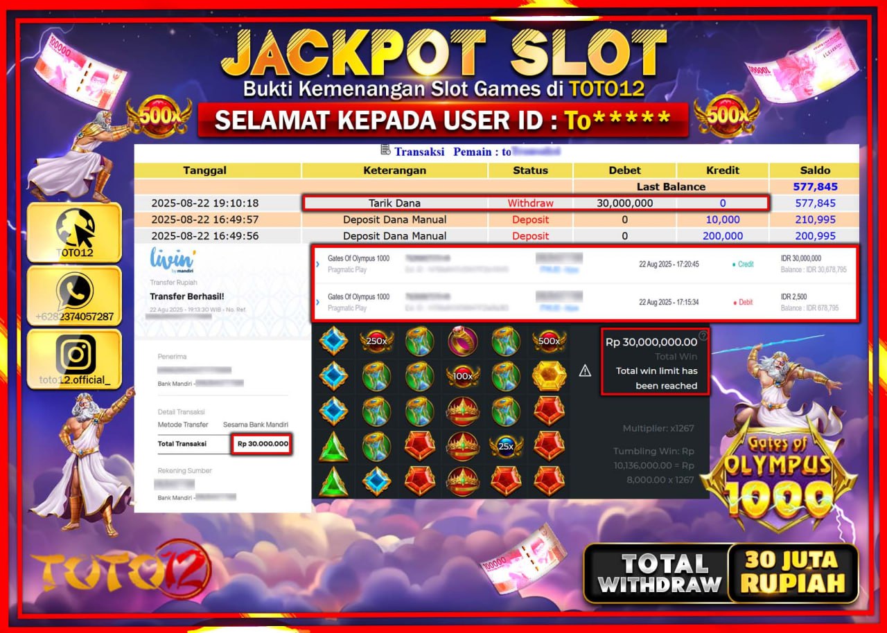HANYA DI TOTO12 JP PASTI DI BAYAR LUNAS DAN CEPAT!!!!!! JACKPOT SLOT GAME (GATES OF OLYMPUS 1000) Rp.30.000.000 !!!!