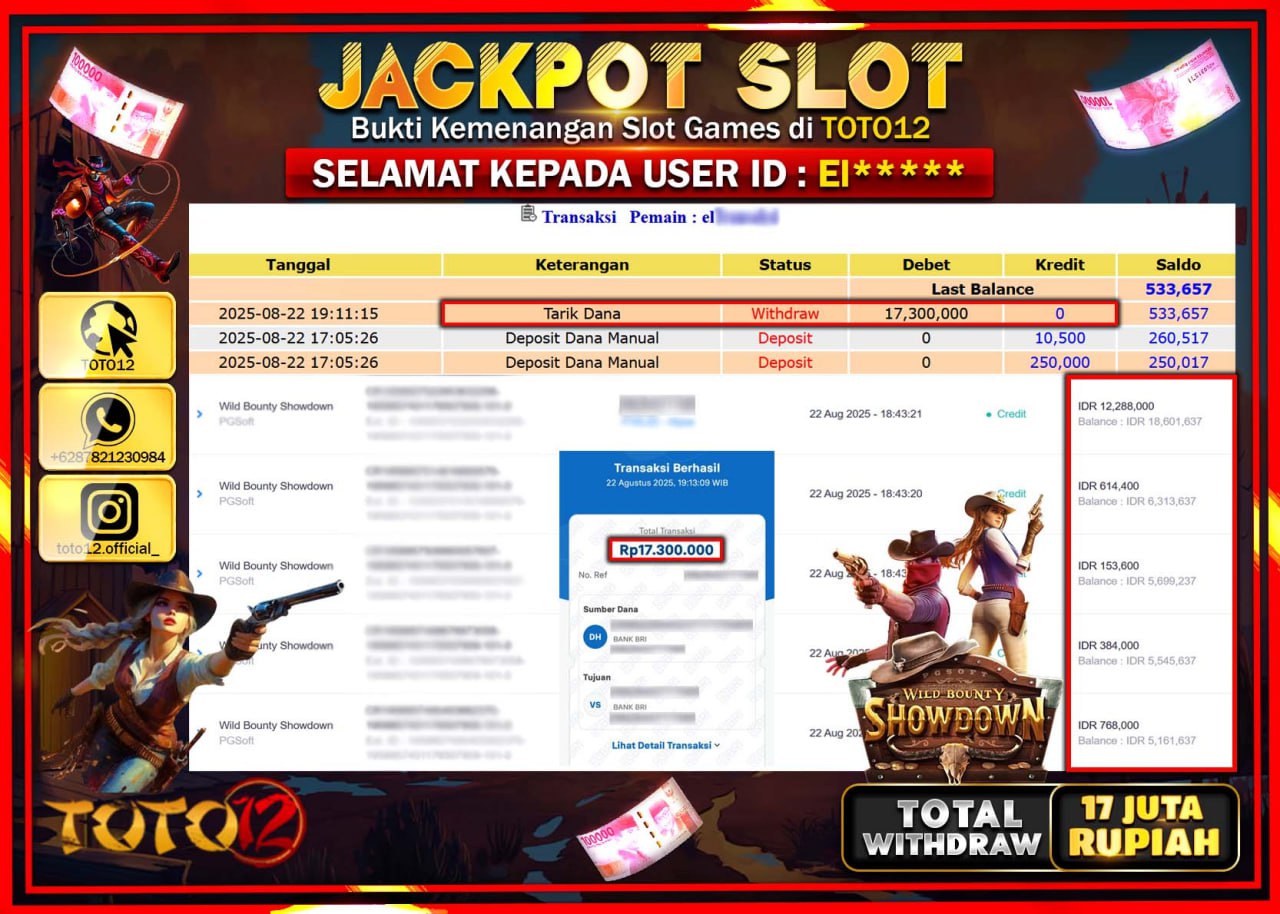 HANYA DI TOTO12 JP PASTI DI BAYAR LUNAS DAN CEPAT!!!!!! JACKPOT SLOT GAME (WILD BOUNTY SHOWDOWN) Rp.17.300.000 !!!!