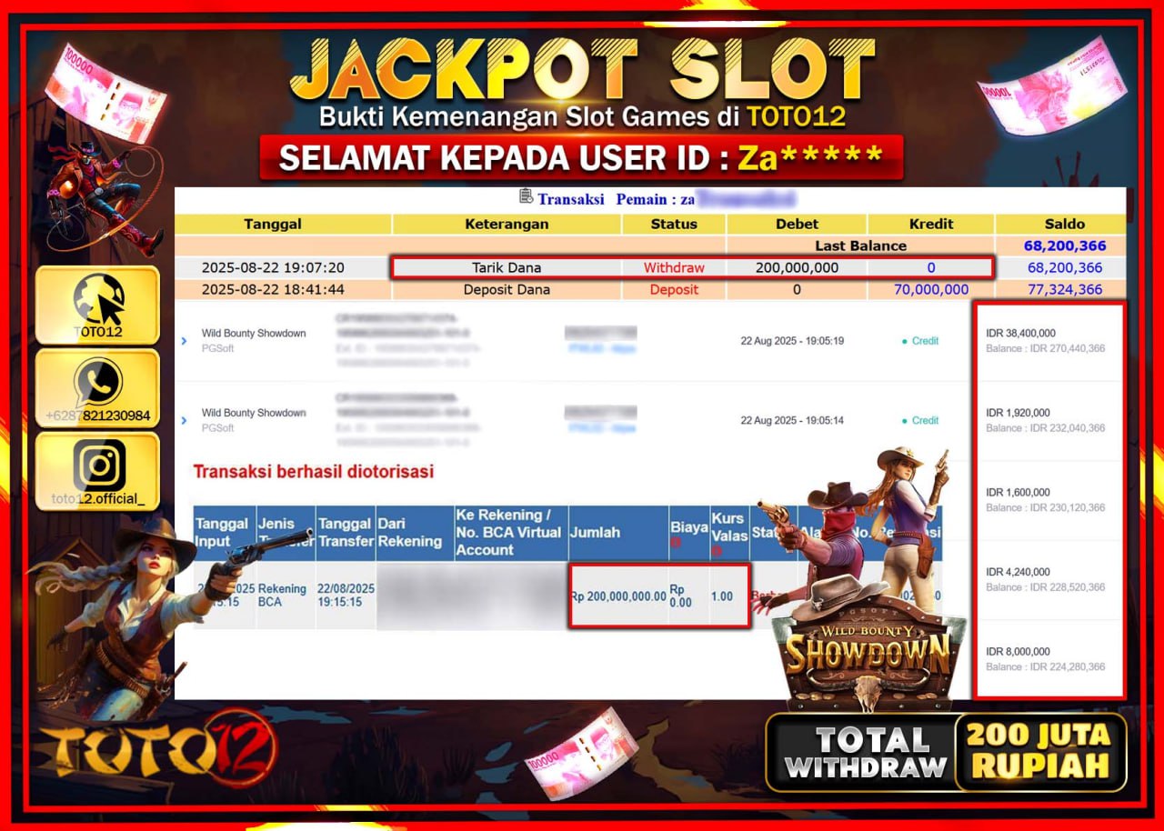 HANYA DI TOTO12 JP PASTI DI BAYAR LUNAS DAN CEPAT!!!!!! JACKPOT SLOT GAME (WILD BOUNTY SHOWDOWN) Rp.200.000.000 !!!!