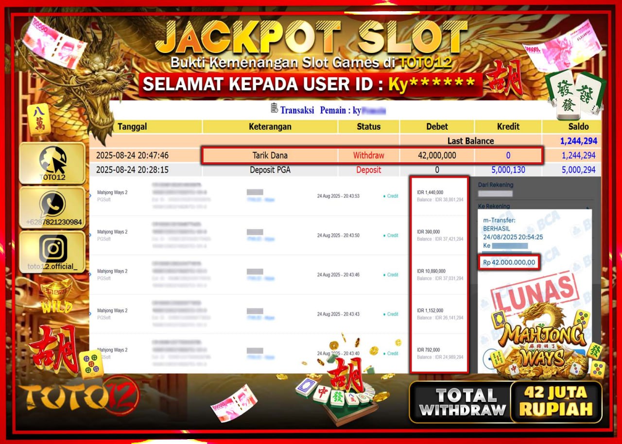 HANYA DI TOTO12 JP PASTI DI BAYAR LUNAS DAN CEPAT!!!!!! JACKPOT SLOT GAME (MAHJONG WAYS) Rp.42.000.000 !!!!