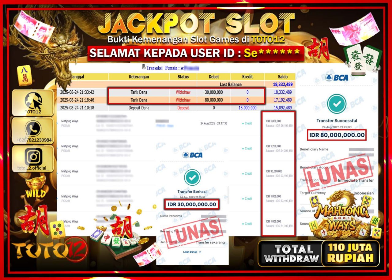 HANYA DI TOTO12 JP PASTI DI BAYAR LUNAS DAN CEPAT!!!!!! JACKPOT SLOT GAME (MAHJONG WAYS) Rp.110.000.000 !!!!