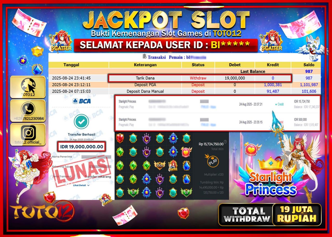 HANYA DI TOTO12 JP PASTI DI BAYAR LUNAS DAN CEPAT!!!!!! JACKPOT SLOT GAME (STARLIGHT PRINCESS) Rp.19.000.000 !!!!
