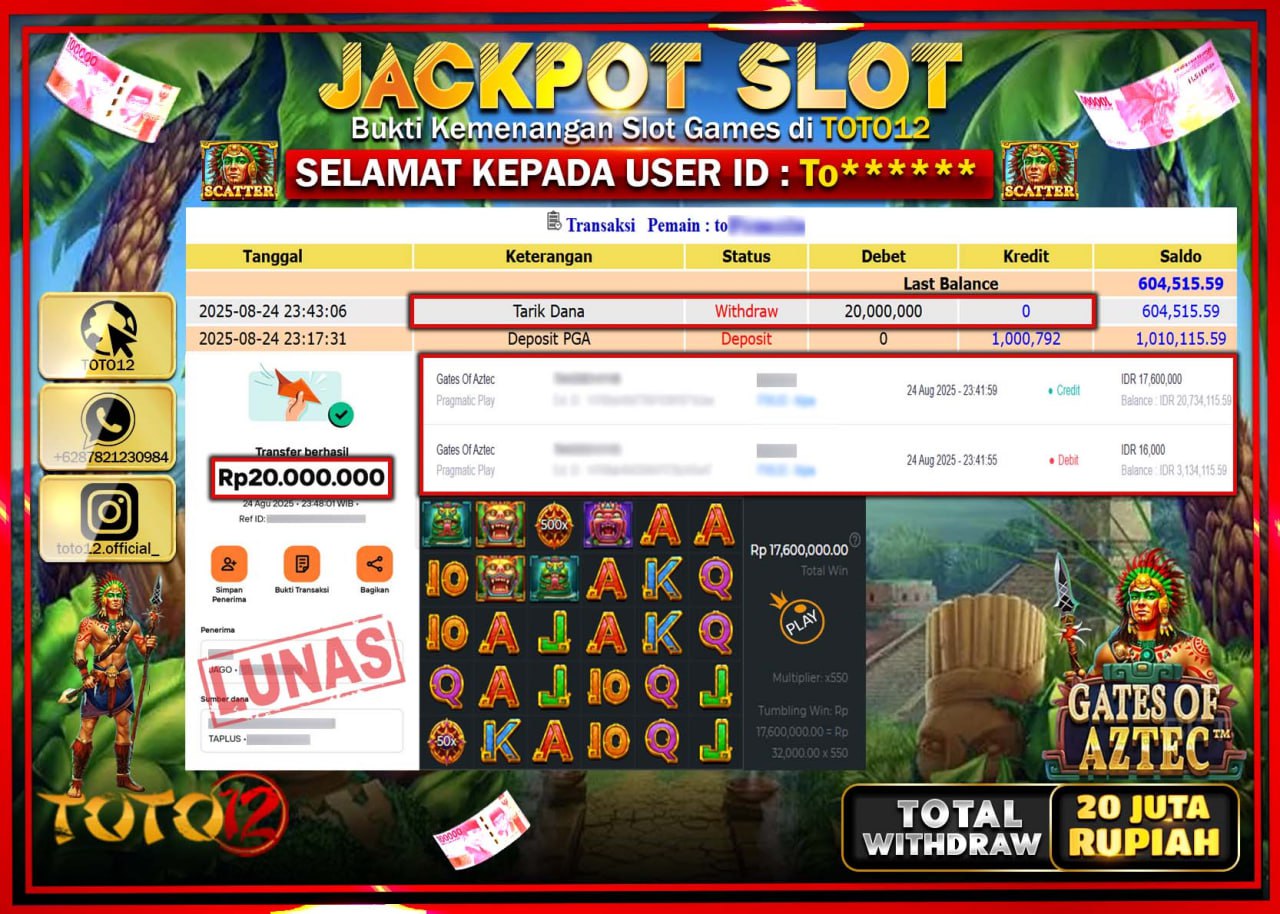 HANYA DI TOTO12 JP PASTI DI BAYAR LUNAS DAN CEPAT!!!!!! JACKPOT SLOT GAME (GATES OF AZTEC) Rp.20.000.000 !!!!