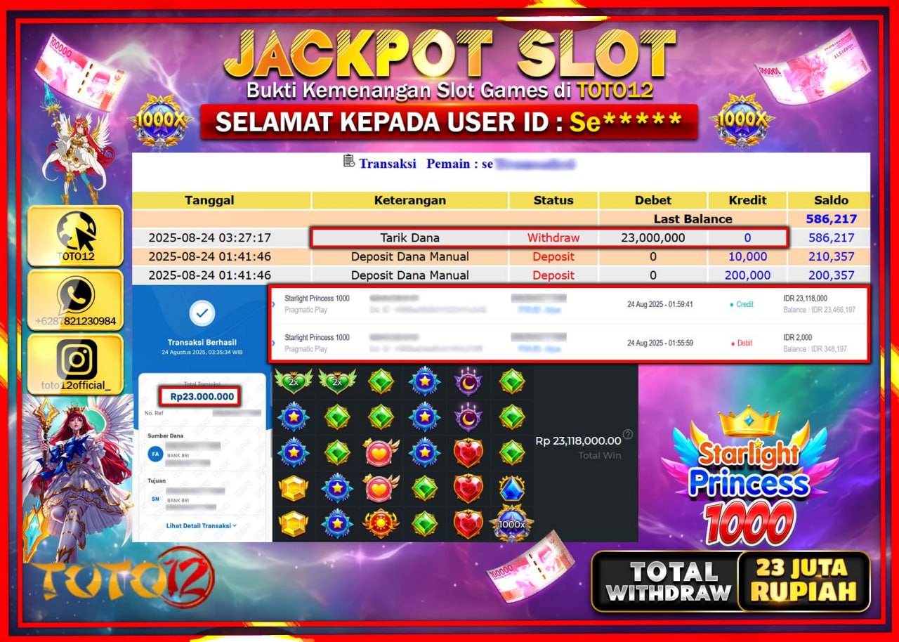 HANYA DI TOTO12 JP PASTI DI BAYAR LUNAS DAN CEPAT!!!!!! JACKPOT SLOT GAME (STARLIGHT PRINCESS 1000) Rp.23.000.000 !!!!