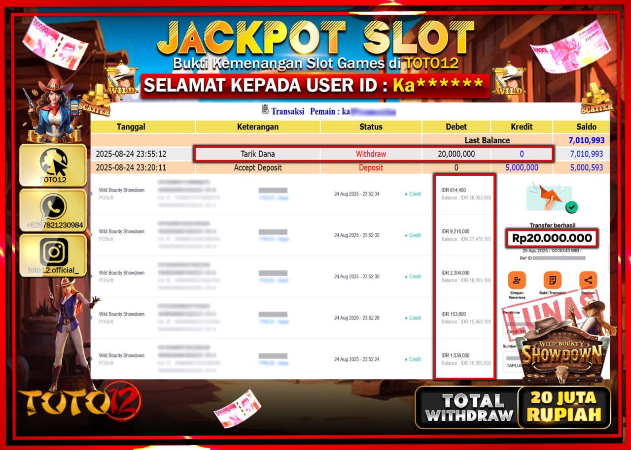 HANYA DI TOTO12 JP PASTI DI BAYAR LUNAS DAN CEPAT!!!!!! JACKPOT SLOT GAME (WILD BOUNTY SHOWDOWN) Rp.20.000.000 !!!!