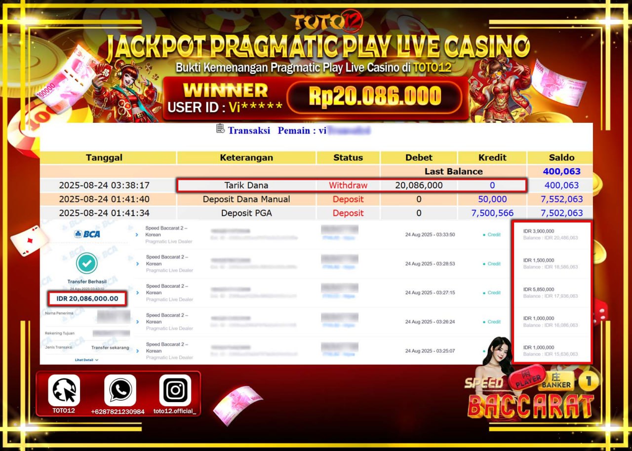 HANYA DI TOTO12 JP PASTI DI BAYAR LUNAS DAN CEPAT!!!!!! JACKPOT PRAGMATIC PLAY LIVE CASINO (SPEED BACCARAT 2) Rp.20.086.000 !!!!