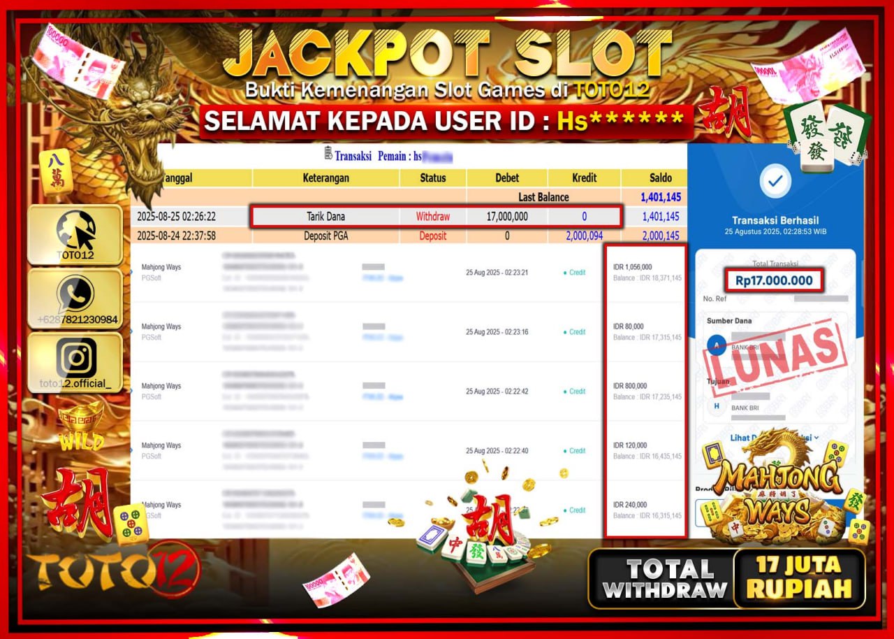 HANYA DI TOTO12 JP PASTI DI BAYAR LUNAS DAN CEPAT!!!!!! JACKPOT SLOT GAME (MAHJONG WAYS) Rp.17.000.000 !!!!