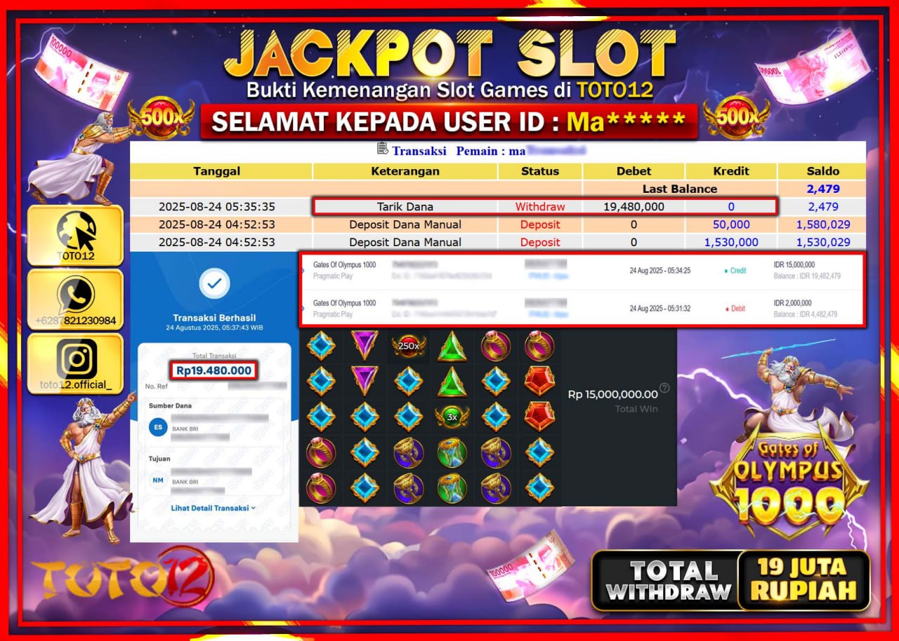 HANYA DI TOTO12 JP PASTI DI BAYAR LUNAS DAN CEPAT!!!!!! JACKPOT SLOT GAME (GATES OF OLYMPUS 1000) Rp.19.480.000 !!!!