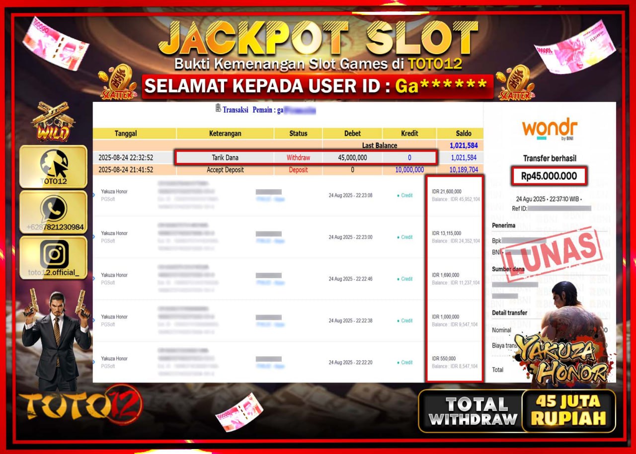 HANYA DI TOTO12 JP PASTI DI BAYAR LUNAS DAN CEPAT!!!!!! JACKPOT SLOT GAME (YAKUZA HONOR) Rp.45.000.000 !!!!