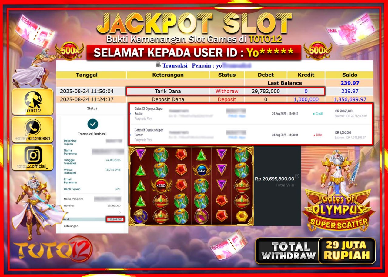 HANYA DI TOTO12 JP PASTI DI BAYAR LUNAS DAN CEPAT!!!!!! JACKPOT SLOT GAME (GATES OF OLYMPUS SUPER SCATTER) Rp.29.782.000 !!!!