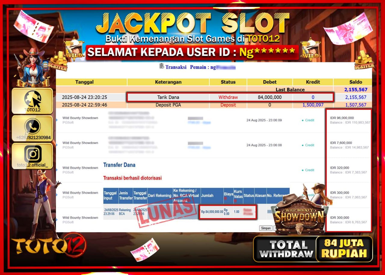 HANYA DI TOTO12 JP PASTI DI BAYAR LUNAS DAN CEPAT!!!!!! JACKPOT SLOT GAME (WILD BOUNTY SHOWDOWN) Rp.84.000.000 !!!!