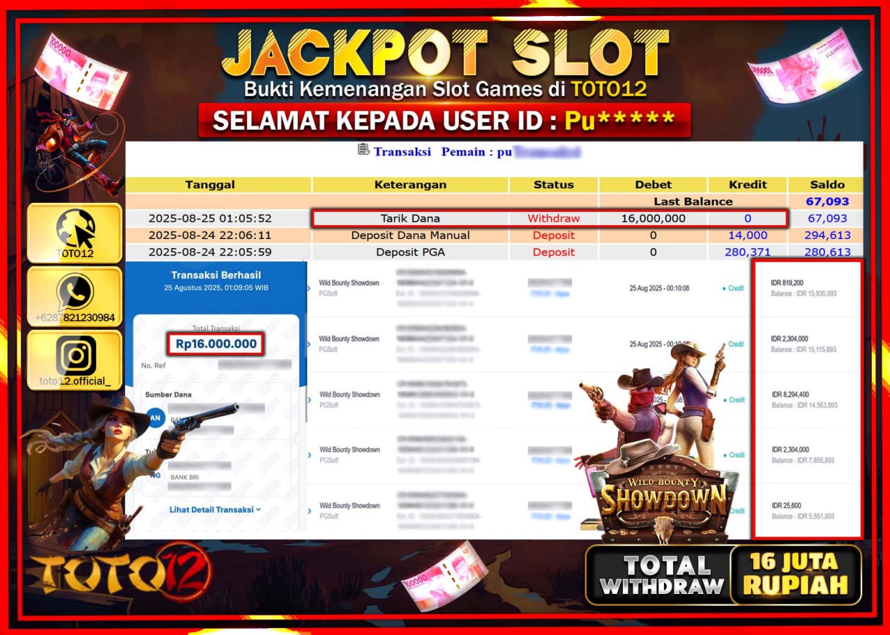 HANYA DI TOTO12 JP PASTI DI BAYAR LUNAS DAN CEPAT!!!!!! JACKPOT SLOT GAME (WILD BOUNTY SHOWDOWN) Rp.16.000.000 !!!!