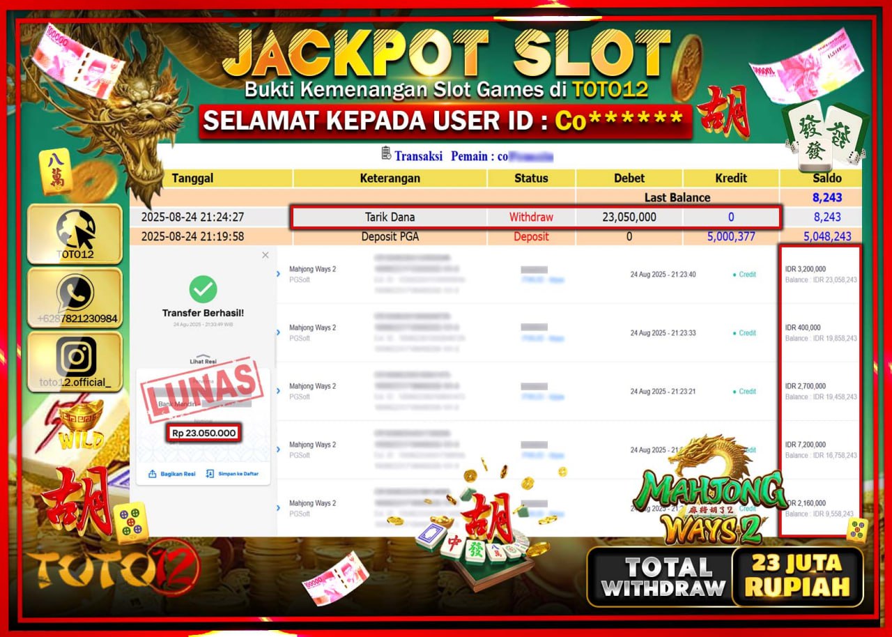 HANYA DI TOTO12 JP PASTI DI BAYAR LUNAS DAN CEPAT!!!!!! JACKPOT SLOT GAME (MAHJONG WAYS 2) Rp.23.050.000 !!!!