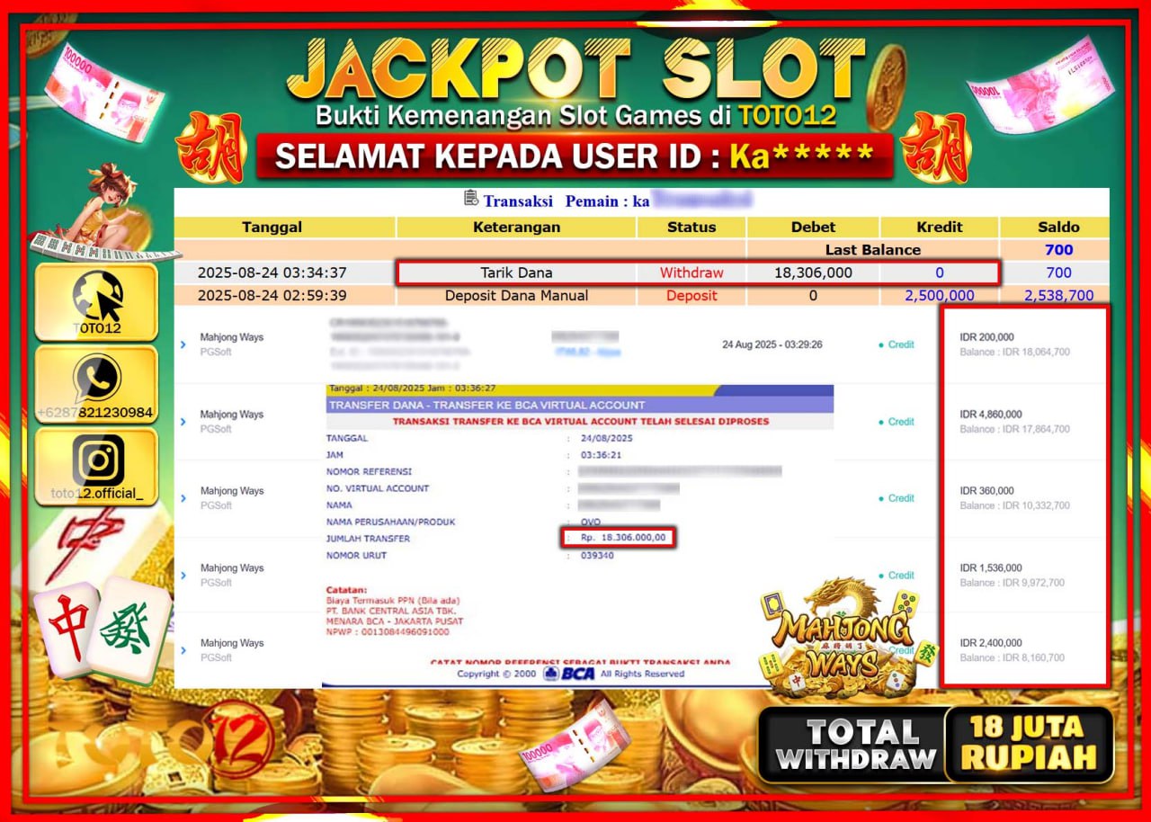 HANYA DI TOTO12 JP PASTI DI BAYAR LUNAS DAN CEPAT!!!!!! JACKPOT SLOT GAME (MAHJONG WAYS) Rp.18.306.000 !!!!