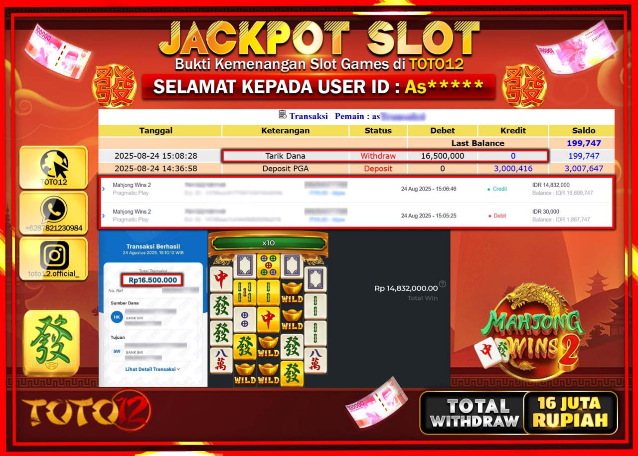 HANYA DI TOTO12 JP PASTI DI BAYAR LUNAS DAN CEPAT!!!!!! JACKPOT SLOT GAME (MAHJONG WINS 2) Rp.16.500.000 !!!!