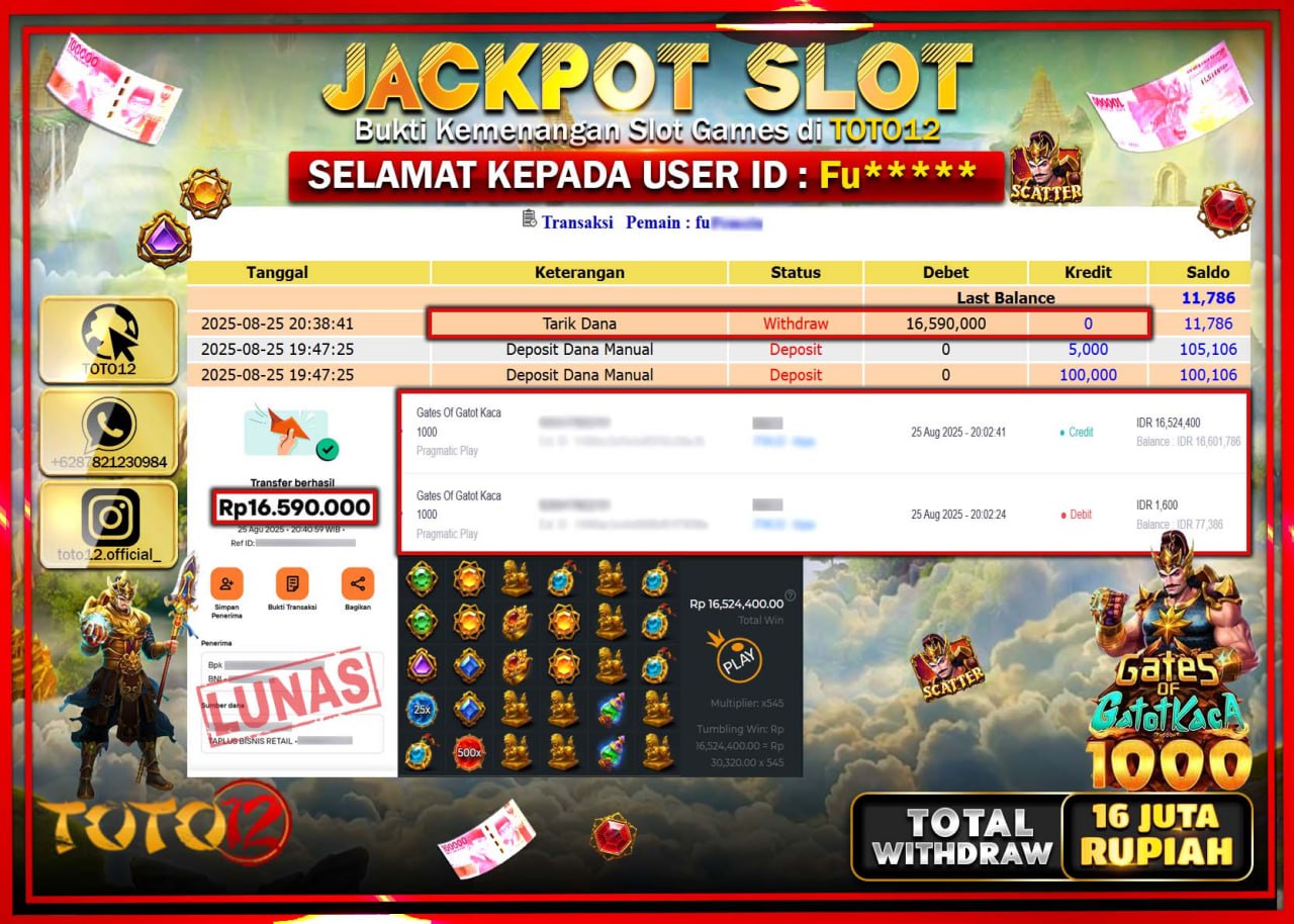 HANYA DI TOTO12 JP PASTI DI BAYAR LUNAS DAN CEPAT!!!!!! JACKPOT SLOT GAME (GATES OF GATOT KACA 1000) Rp.16.590.000 !!!!