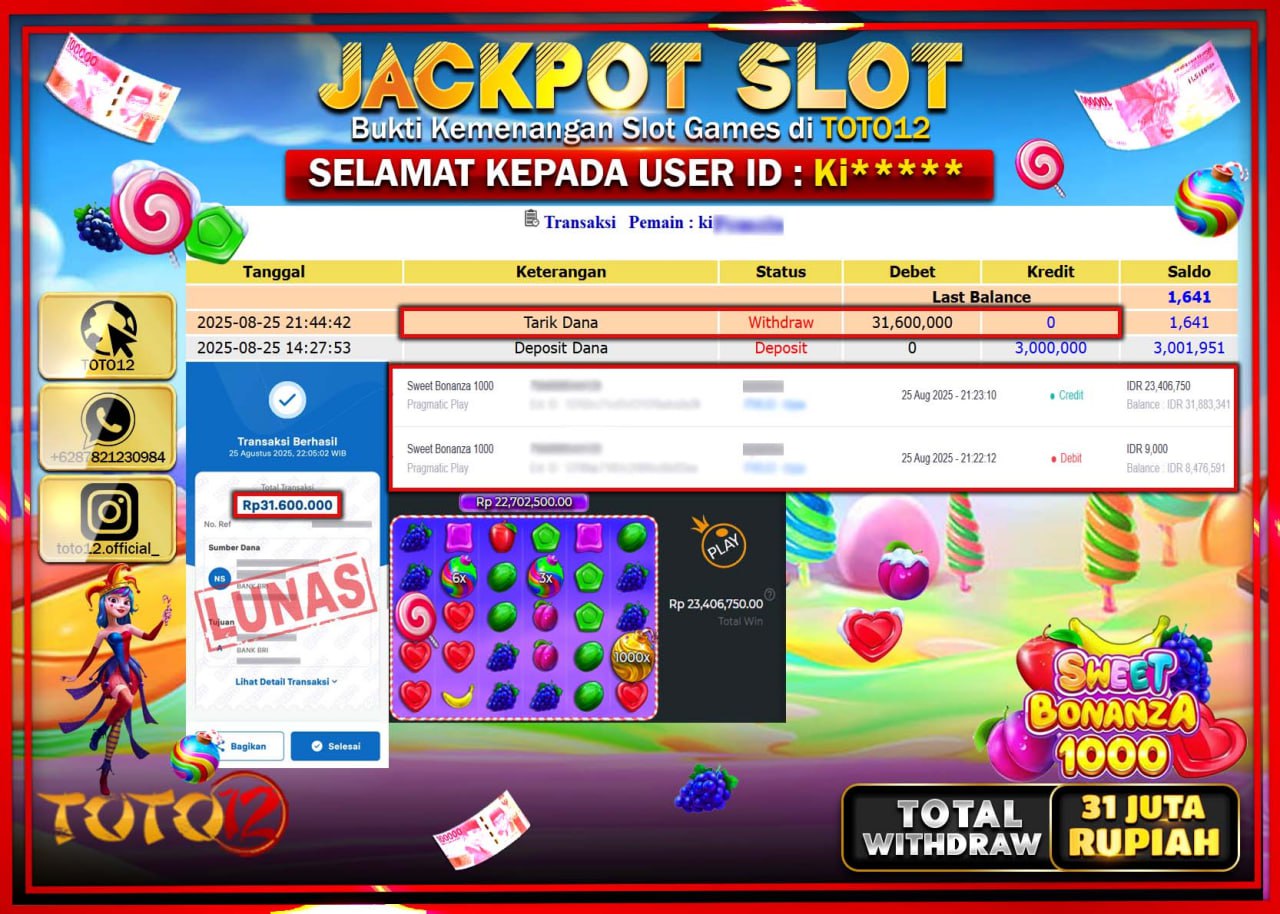 HANYA DI TOTO12 JP PASTI DI BAYAR LUNAS DAN CEPAT!!!!!! JACKPOT SLOT GAME (SWEET BONANZA 1000) Rp.31.600.000 !!!!