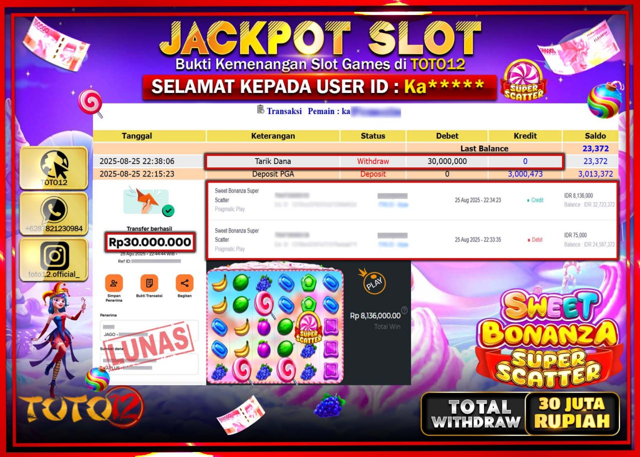 HANYA DI TOTO12 JP PASTI DI BAYAR LUNAS DAN CEPAT!!!!!! JACKPOT SLOT GAME (SWEET BONANZA SUPER SCATTER) Rp.30.000.000 !!!!