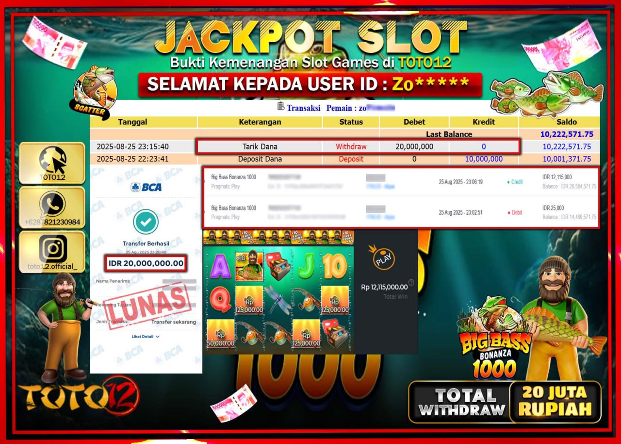 HANYA DI TOTO12 JP PASTI DI BAYAR LUNAS DAN CEPAT!!!!!! JACKPOT SLOT GAME (BIG BASS BONANZA 1000) Rp.20.000.000 !!!!