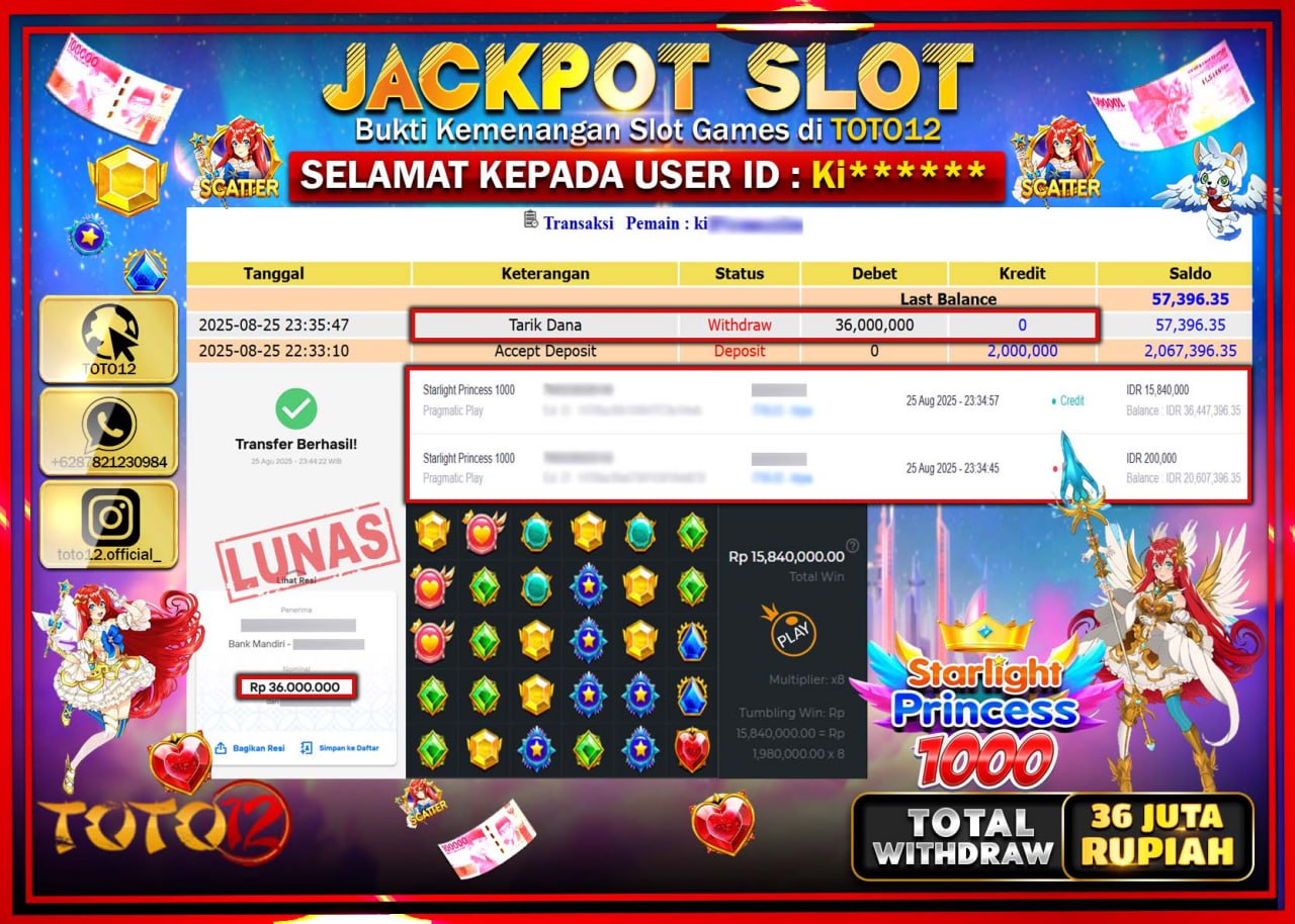 HANYA DI TOTO12 JP PASTI DI BAYAR LUNAS DAN CEPAT!!!!!! JACKPOT SLOT GAME (STARLIGHT PRINCESS 1000) Rp.36.000.000 !!!!