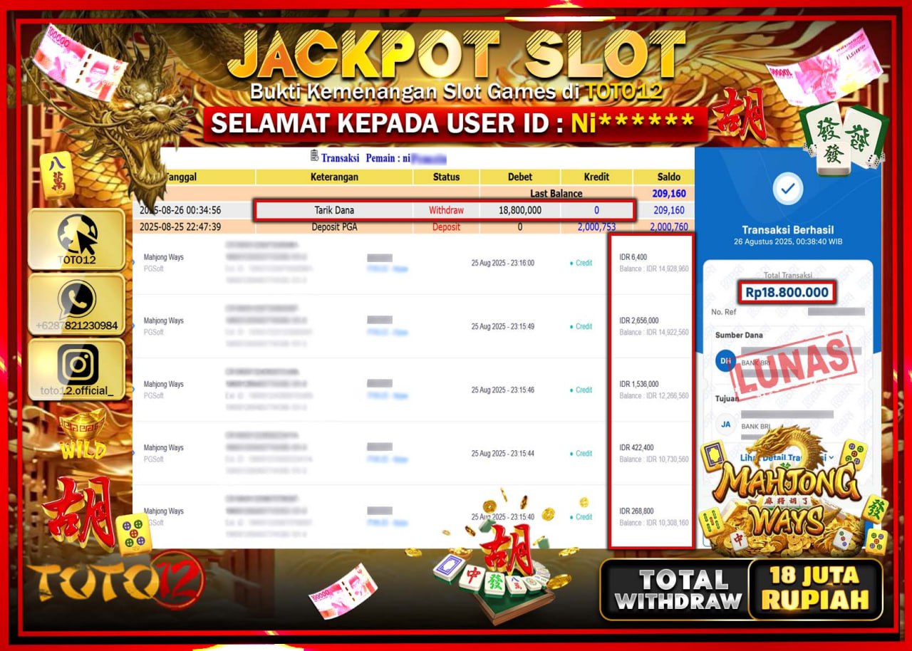 HANYA DI TOTO12 JP PASTI DI BAYAR LUNAS DAN CEPAT!!!!!! JACKPOT SLOT GAME (MAHJONG WAYS) Rp.18.800.000 !!!!