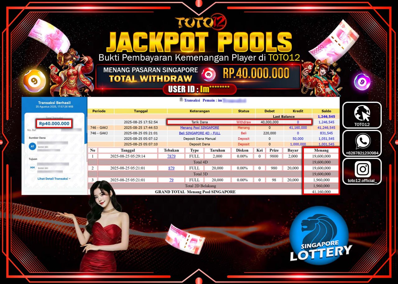 HANYA DI TOTO12 JP PASTI DI BAYAR LUNAS DAN CEPAT!!!!!! JACKPOT POOLS PASARAN (SINGAPORE) Rp.40.000.000 !!!!