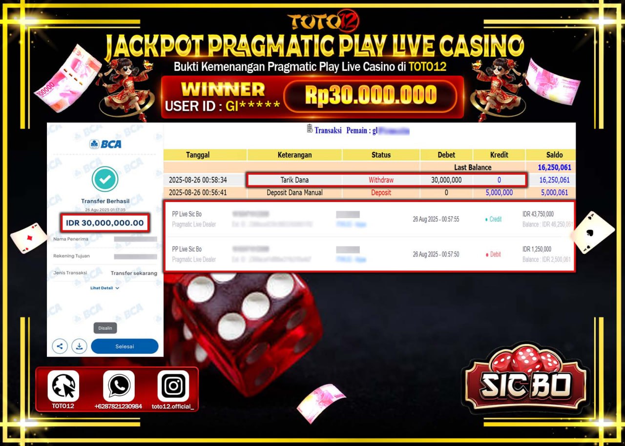 HANYA DI TOTO12 JP PASTI DI BAYAR LUNAS DAN CEPAT!!!!!! JACKPOT PRAGMATIC PLAY LIVE CASINO (SICBO) Rp.30.000.000 !!!!