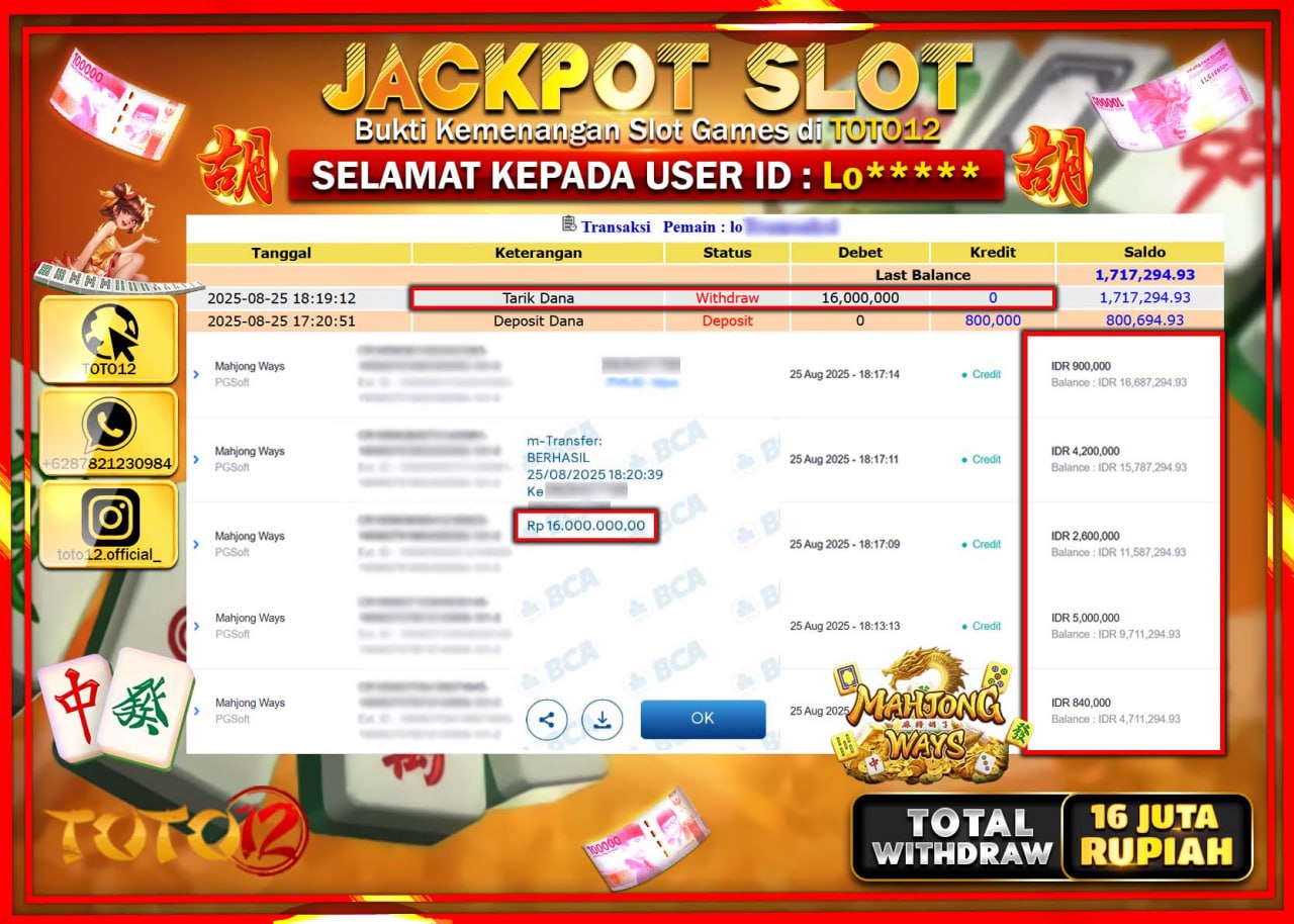 HANYA DI TOTO12 JP PASTI DI BAYAR LUNAS DAN CEPAT!!!!!! JACKPOT SLOT GAME (MAHJONG WAYS) Rp.16.000.000 !!!!