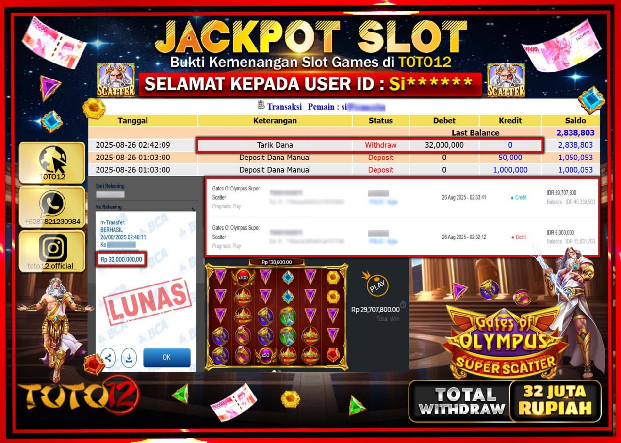 HANYA DI TOTO12 JP PASTI DI BAYAR LUNAS DAN CEPAT!!!!!! JACKPOT SLOT GAME (GATES OF OLYMPUS SUPER SCATTER) Rp.32.000.000 !!!!