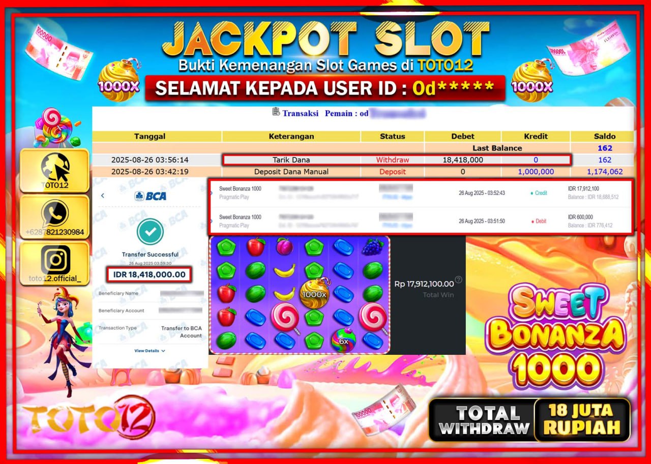 HANYA DI TOTO12 JP PASTI DI BAYAR LUNAS DAN CEPAT!!!!!! JACKPOT SLOT GAME (SWEET BONANZA 1000) Rp.18.418.000 !!!!