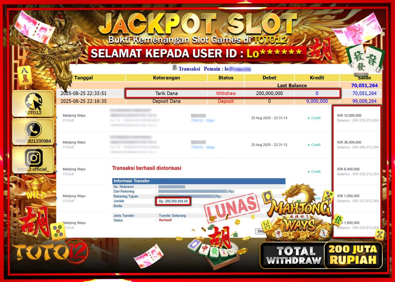 HANYA DI TOTO12 JP PASTI DI BAYAR LUNAS DAN CEPAT!!!!!! JACKPOT SLOT GAME (MAHJONG WAYS) Rp.200.000.000 !!!!