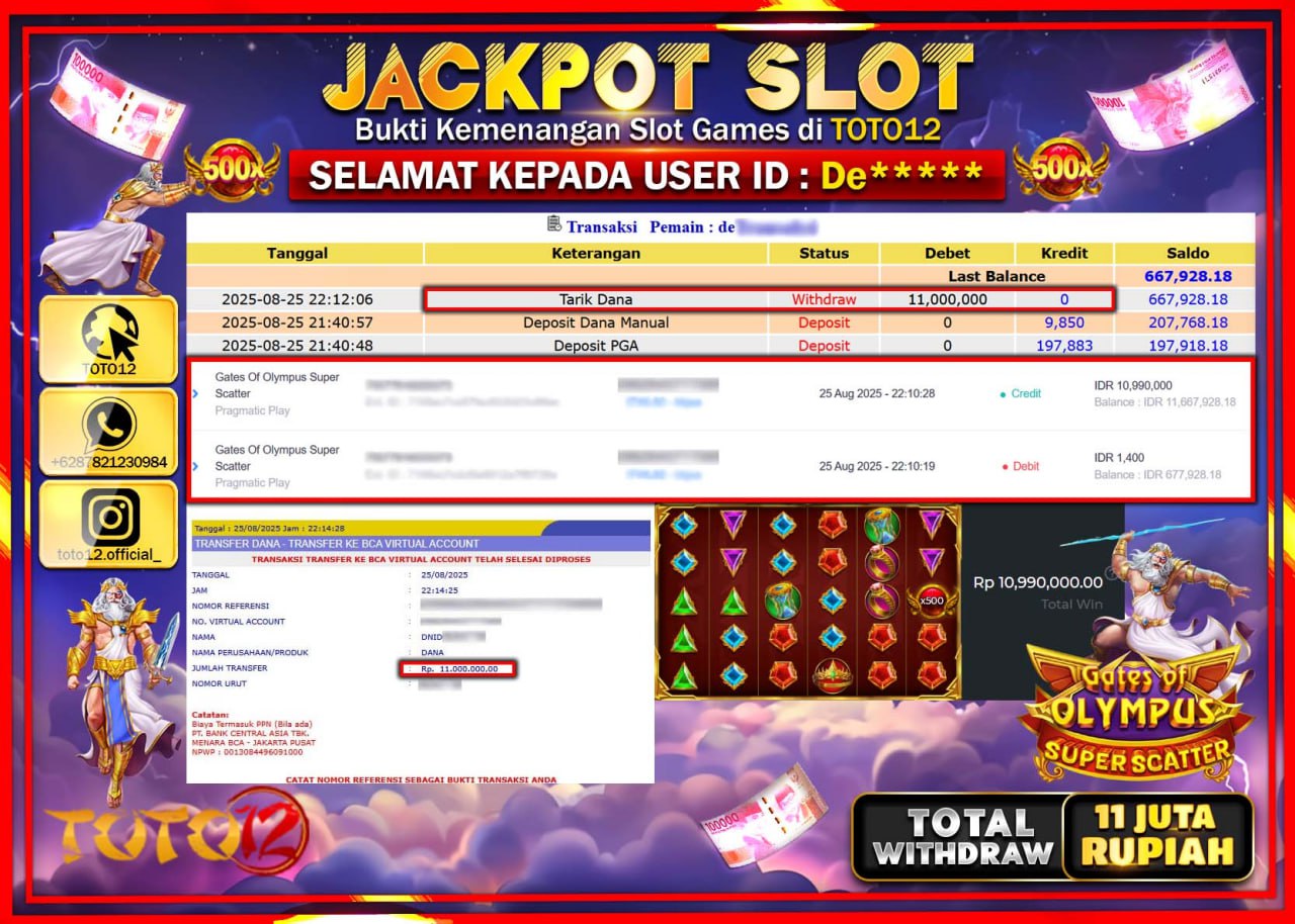 HANYA DI TOTO12 JP PASTI DI BAYAR LUNAS DAN CEPAT!!!!!! JACKPOT SLOT GAME (GATES OF OLYMPUS SUPER SCATTER) Rp.11.000.000 !!!!