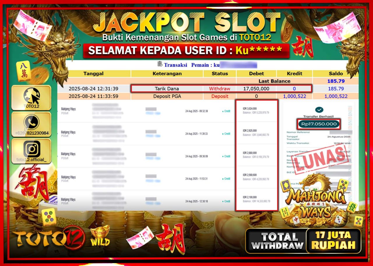 HANYA DI TOTO12 JP PASTI DI BAYAR LUNAS DAN CEPAT!!!!!! JACKPOT SLOT GAME (MAHJONG WAYS) Rp.17.050.000 !!!!