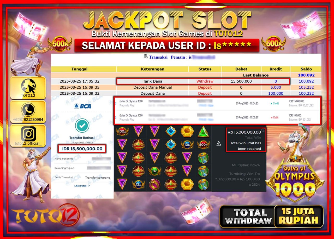 HANYA DI TOTO12 JP PASTI DI BAYAR LUNAS DAN CEPAT!!!!!! JACKPOT SLOT GAME (GATES OF OLYMPUS 1000) Rp.15.500.000 !!!!